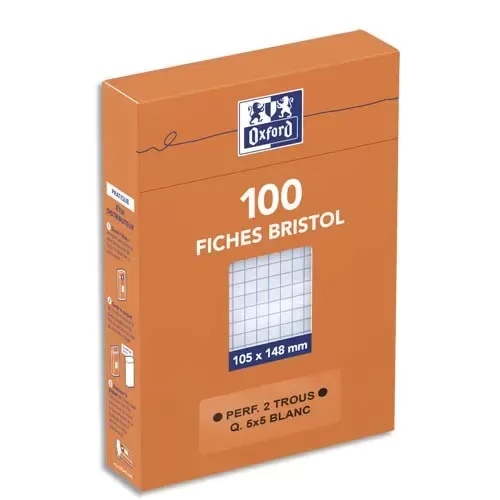 OXFORD Boîte Distributrice 100 Fiches BRISTOL Perforées 5×5 BLANC 105x148mm (A6)