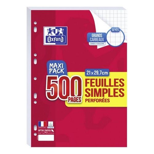 OXFORD 500 Feuillets Mobiles Grds Carreaux 21×29,7 cm Copies Simples