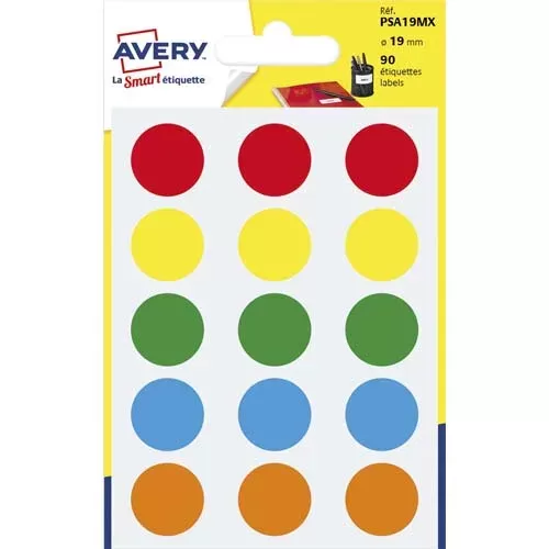 AVERY 90 Pastilles Gommettes de Couleur diamètre 19 mm