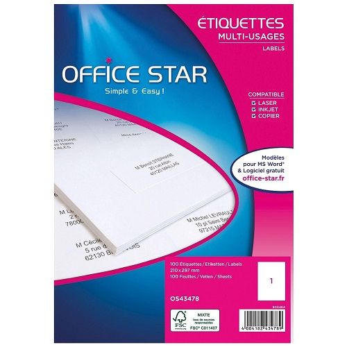 OFFICE STAR ou AGIPA 100 Etiquettes A4 multi-usage Blanches 210X297mm OS43478