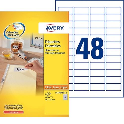 AVERY Boîte de 1200 étiquettes enlevables 45,7×21,2 impression Laser L4736Rev-25