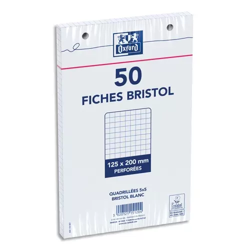 OXFORD Sachet 50 Fiches Bristol Perforées 125x200mm 5×5 Blanches