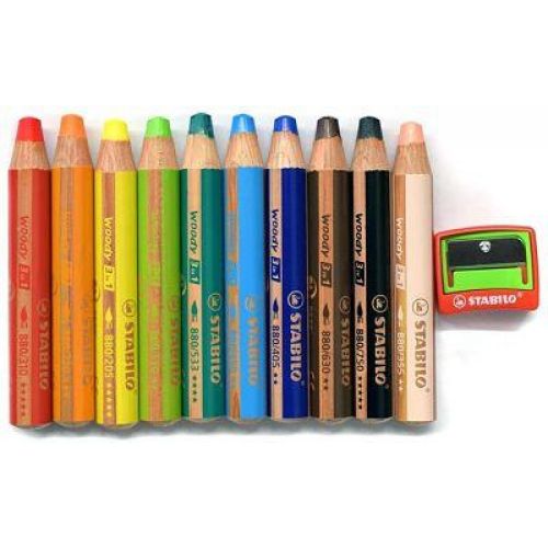 STABILO Etui de 10 Crayons de Couleur WOODY 3en1 + 1 taille-crayon