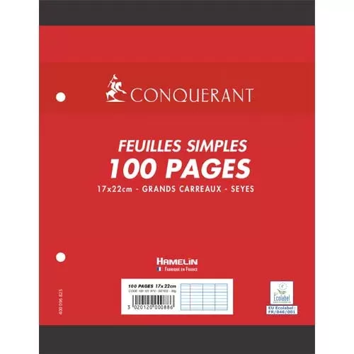 CONQUERANT 100 Feuilles Simples Blanches 17×22 cm Grands Carreaux  Séyès