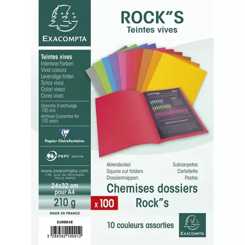 EXACOMPTA Paquet de 100 Chemises ROCK’S en Carte 210 gr Coloris Assortis 210001E