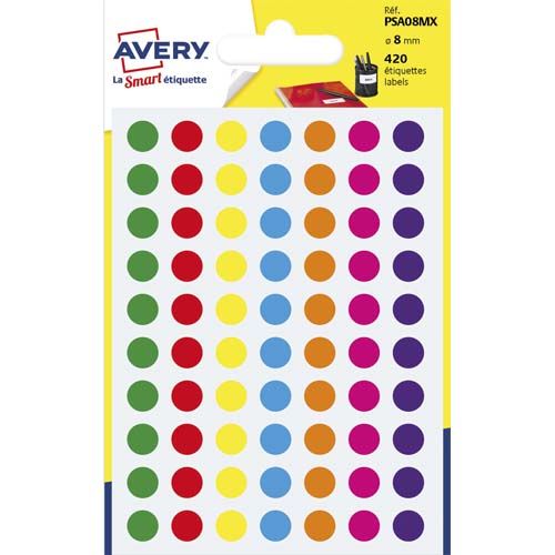 AVERY Sachet de 420 Pastilles / Gommettes 8 mm. Coloris assortis.