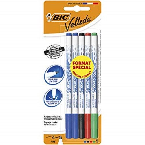 BIC étui de 5 feutres VELLEDA Bleus, Rouge, Vert, Noir Pointe Fine