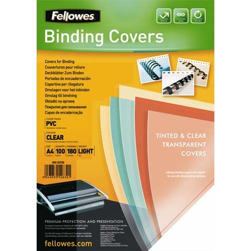 FELLOWES 100 Plats de Couvertures PVC – A4 – 180 microns