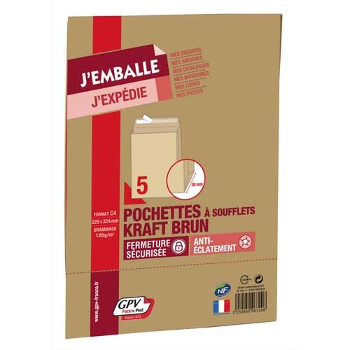 GPV 5 Enveloppes Kraft 120g  à Soufflets Format C4 (A4 non pliée = 229 x 324 mm)