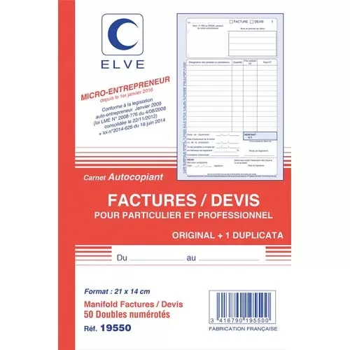 ELVE Manifold Autocopiant 50 Factures / Devis 210x140mm réf. 19550