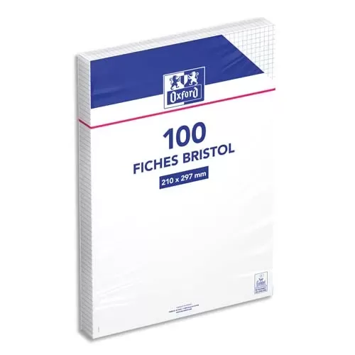 OXFORD 100 Fiches Bristol non perforées 210x297mm (A4) Petits Carreaux 5×5