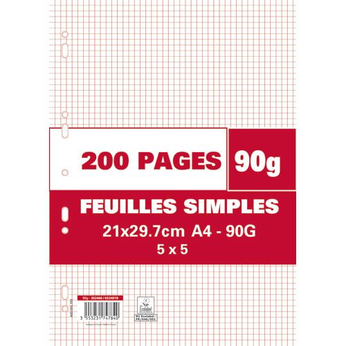 200 Copies Simples Format A4 Petits Carreaux 5×5 90g Perforées