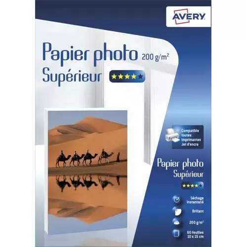 AVERY Boîte de 60 Feuilles de Papier Photo BRILLANT 10x15cm, jet d’encre, 200g/m