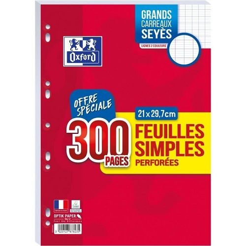 OXFORD 300 Feuillets Mobiles Grands Carreaux 21×29,7 cm Copies Simples