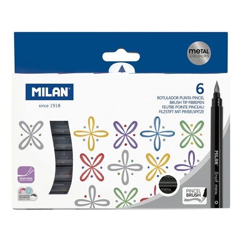 MILAN Pochette de 6 Feutres Brush Pen (pointe pinceau) couleurs métallisées