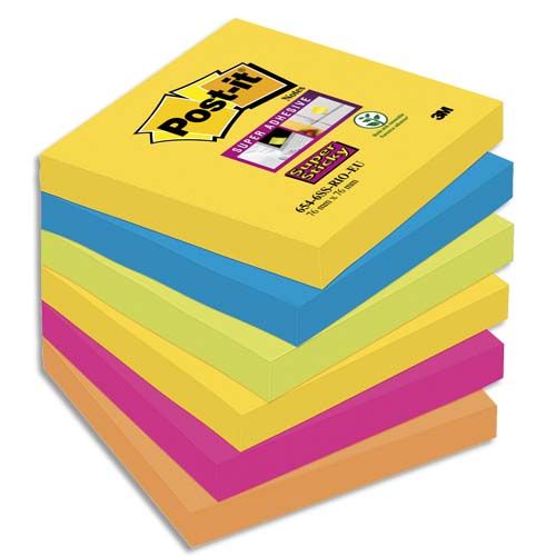 POST-IT Lot de 6 blocs Super Sticky Rio 90 feuilles 76×76 mm 5 Coloris