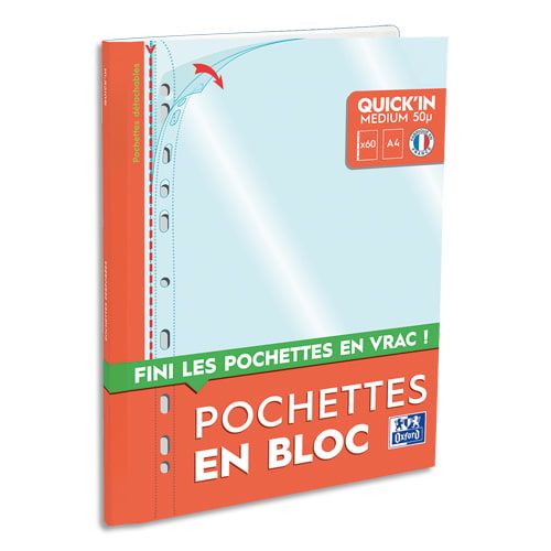 OXFORD 60 Pochettes Perforées en Bloc QUICK’IN Insertion Facile