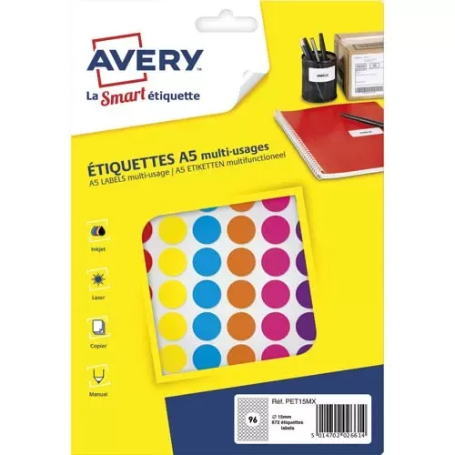 AVERY AGIPA Sachet de 672 pastilles 15 mm Coloris Assortis Gommettes