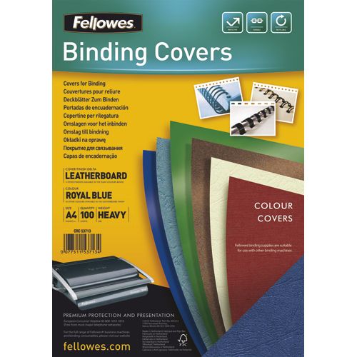 FELLOWES 100 Plats de Couvertures Grain Cuir A4 BLEU ROI